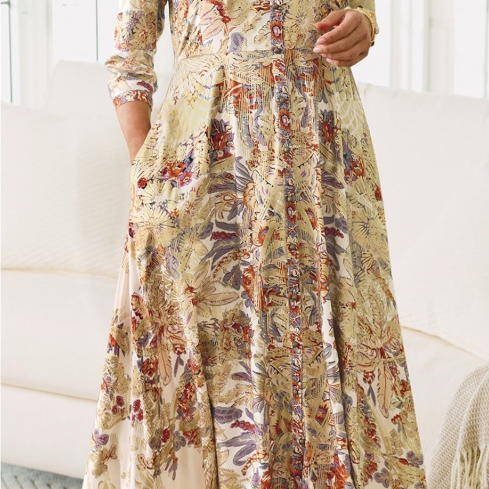 Soft Surroundings Floral Long Sleeve Dress in Cream and Purple